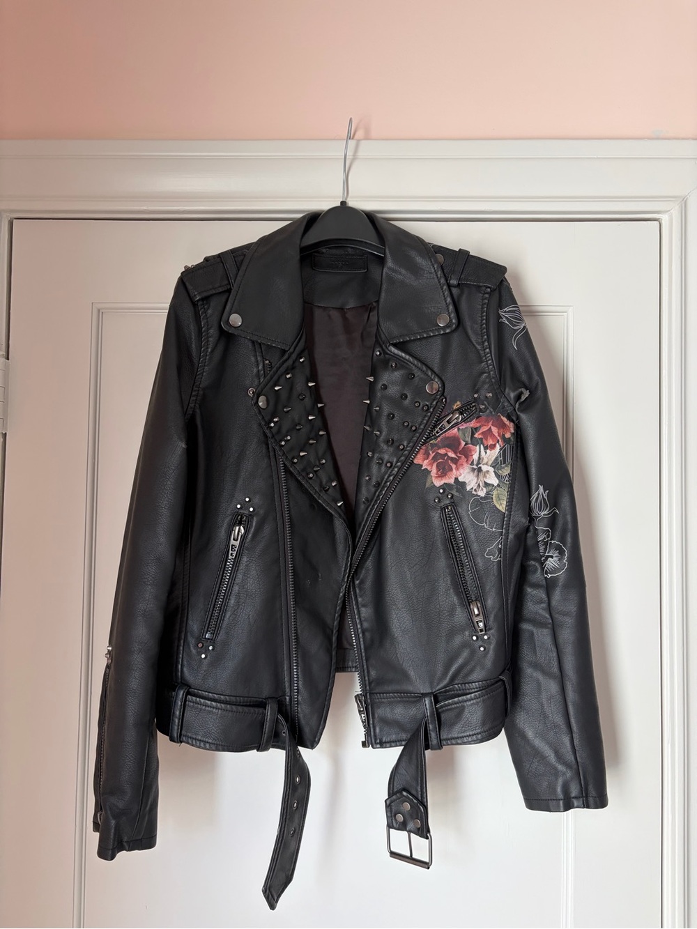 Blank NYC Black Faux Leather Studded Moto Jacket with Rose Embroidery